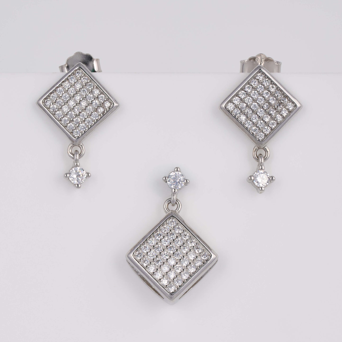 925 Silver Party wear Diamond Pendant Set with earrings