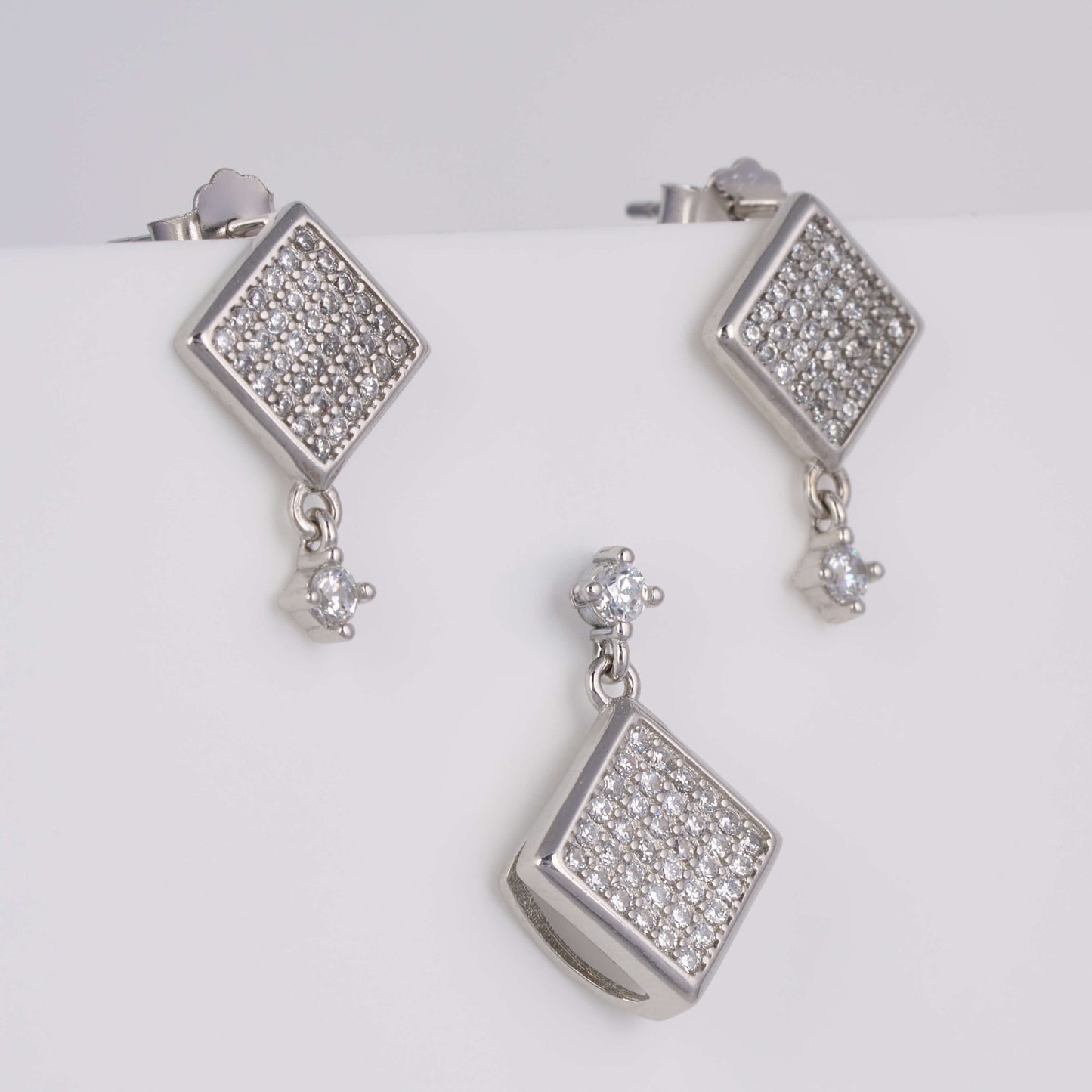 925 Silver Party wear Diamond Pendant Set with earrings