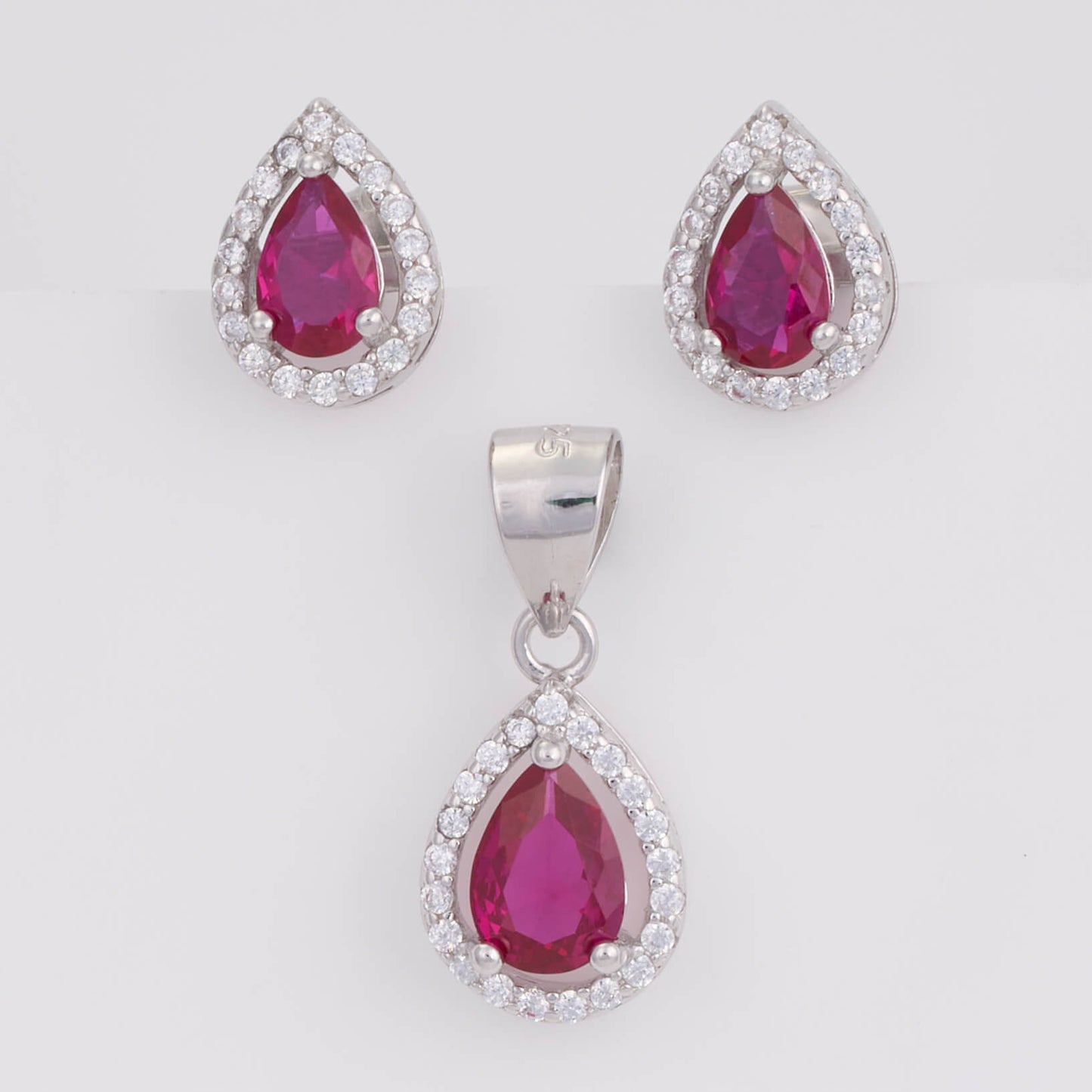 925 Silver Party wear Red Stone Diamond Pendant Set with earrings