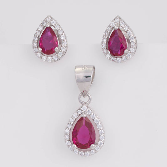 925 Silver Party wear Red Stone Diamond Pendant Set with earrings