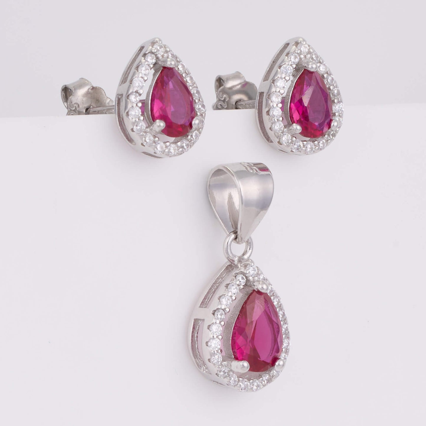 925 Silver Party wear Red Stone Diamond Pendant Set with earrings