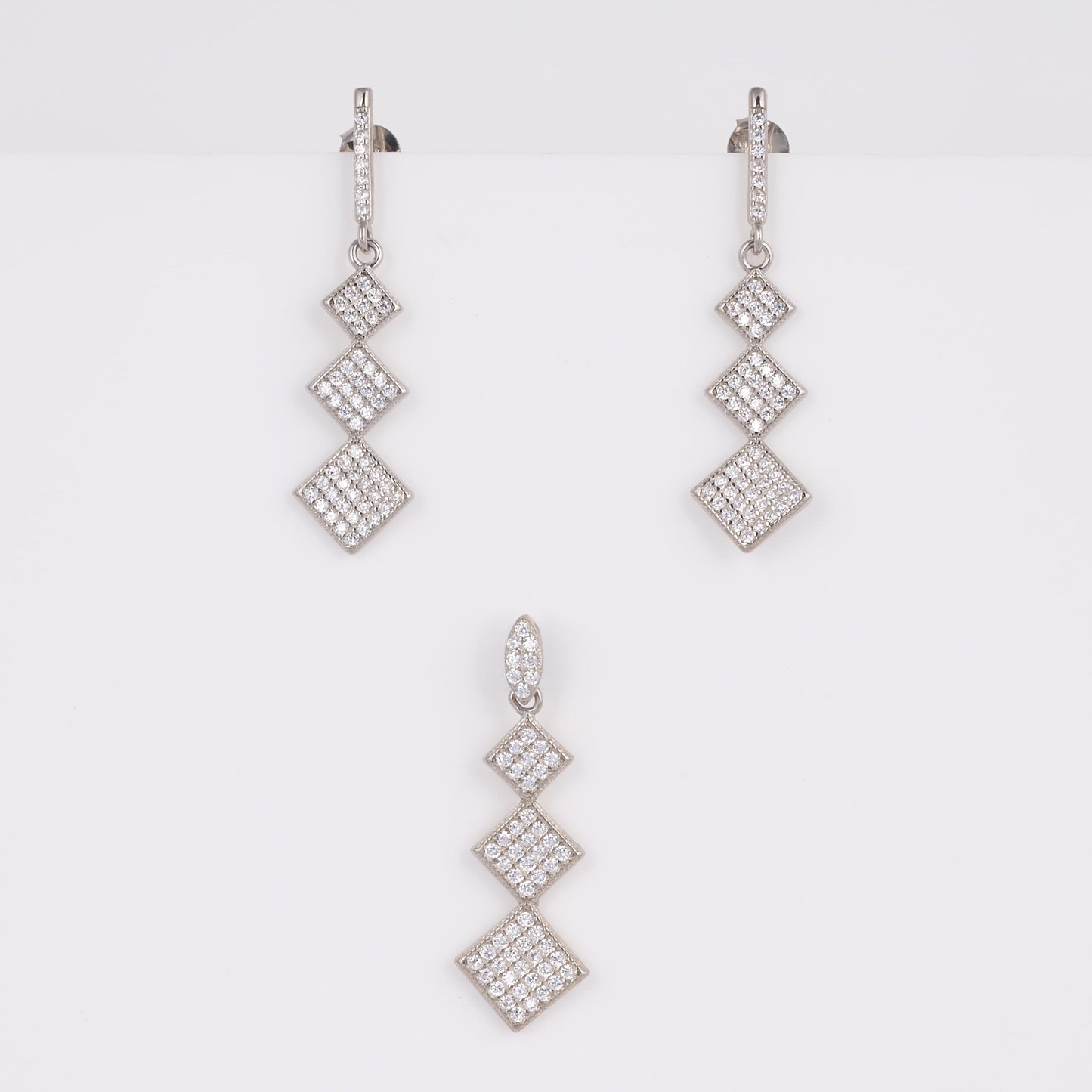 925 Silver Party wear Diamond Pendant Set with earrings